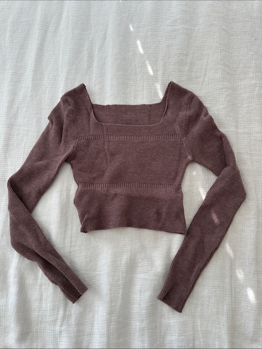 Square Neck Long Sleeve Cropped Knit Top - Mauve